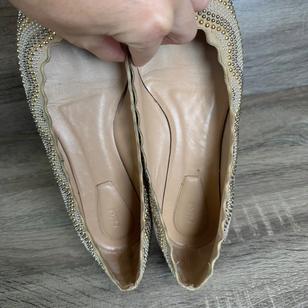 Chloe Lauren Ballet Flats 8.5 / 39 Scalloped Studded Tan Suede Gold Silver - Picture 8 of 12